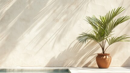 Sunlit Minimalist Oasis: Palm Shadow Play on Textured Wall with Poolside Tranquility
