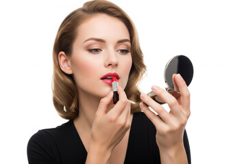 A woman applies red lipstick, looking in a handheld mirror.