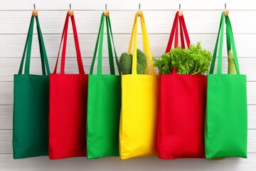Colorful reusable bags filled with fresh vegetables hanging on a wall in a kitchen
