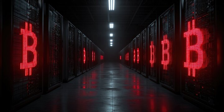 Server room illuminated with red Bitcoin symbols