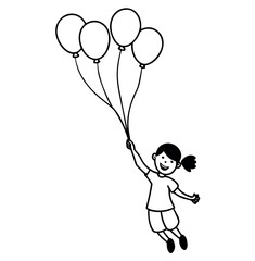Child flying with colorful balloons in a whimsical sky illustration