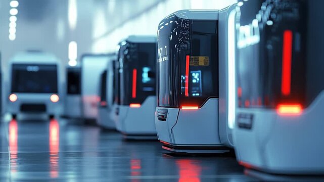 Row of futuristic electric bus charging at station
