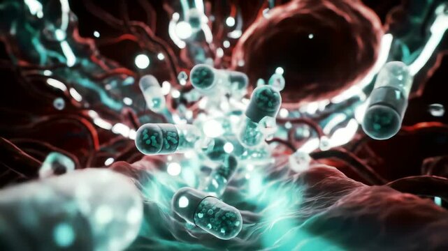 antibiotic capsules dissolving in the stomach, molecules dispersing like glowing sparks into the bloodstream