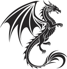 Stylized Dragon Tattoo Vector, Solid Black Coiled Dragon Design, Curved Tail Dragon Silhouette Illustration, Bold Mythical Dragon Vector Artwork