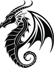Fototapeta premium Stylized Dragon Tattoo Vector, Solid Black Coiled Dragon Design, Curved Tail Dragon Silhouette Illustration, Bold Mythical Dragon Vector Artwork