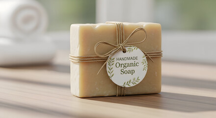 Elegant display of handmade organic soap bar with delicate packaging on a bright wooden surface