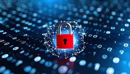 A vivid digital artwork depicts a glowing red padlock encircled by a network of illuminated white lines, 