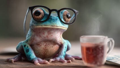 Frog with glasses, tea, and steam