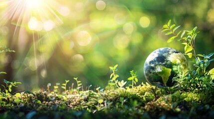Fragile Earth nestled among thriving foliage illuminated by natural sunlight