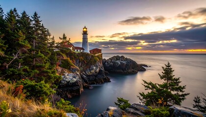 Fototapeta premium Coastal landscape showing a white lighthouse on a rocky cliff as the sun sets. Golden light illuminates the sea, sky, and nearby trees, showcasing the natural beauty