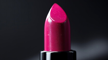 Elegant cosmetic shot of vibrant pink lipstick against dramatic black backdrop
