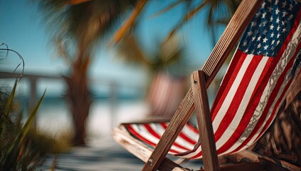 Wooden beach chair with American flag. Tropical setting