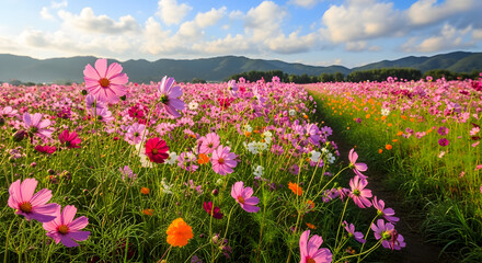 Vibrant Cosmos Flower Field Under a Bright Sky Captures the Beauty of Nature Landscape