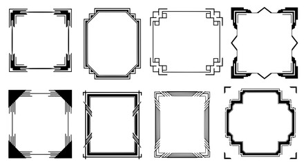 A diverse set of eight black Art Deco frames and borders. These vintage geometric designs from the roaring twenties are ideal for elegant projects.