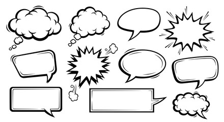 Collection of various blank comic speech and thought bubbles. Pop art style explosion and dialogue box elements for cartoon communication and sound effects.
