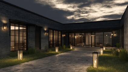 Fototapeta premium Modern courtyard at night. Dark bricks, lit lanterns