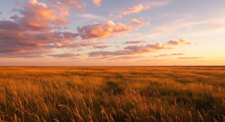 Golden hour sunset over a vast, grassy field with dramatic, colorful clouds painting the sky