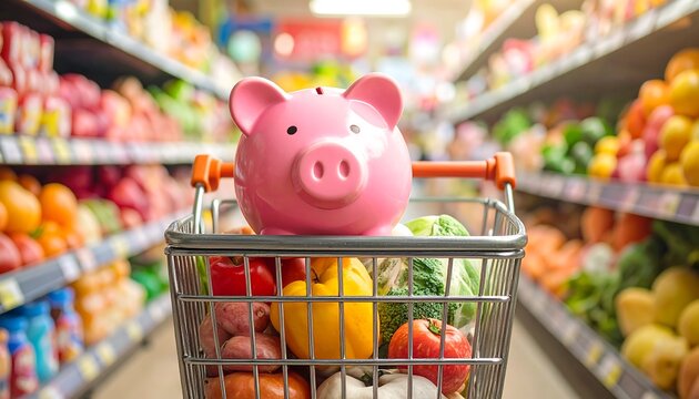 Pink piggy bank in a grocery cart full of produce - Powered by Adobe