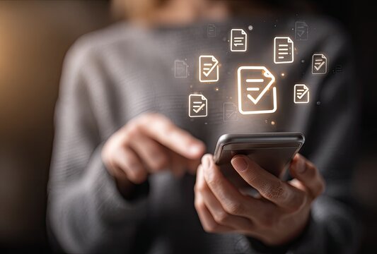 Woman using phone with document icons overlay