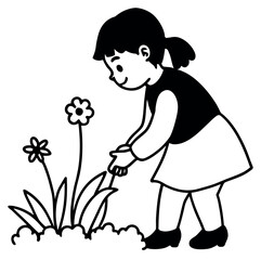 A young girl joyfully picks colorful flowers in a vibrant garden scene