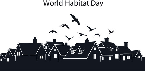 Silhouette of houses with birds flying above, commemorating world habitat day