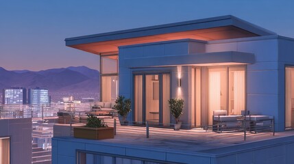 Modern penthouse rooftop terrace at twilight