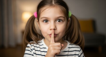 Naklejka premium Close-up Portrait of a Cute Girl with Finger on Lips, Shushing, Secret, Quiet, Childhood, Innocence