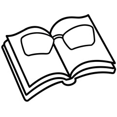 Black and white illustration of glasses resting on an open book