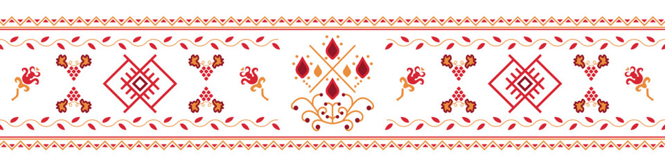 Divider with the red graphic Slavic ornaments, Ukrainian decorative art, ornaments with symbols and abstract elements. Vector abstract ethnic pattern art.