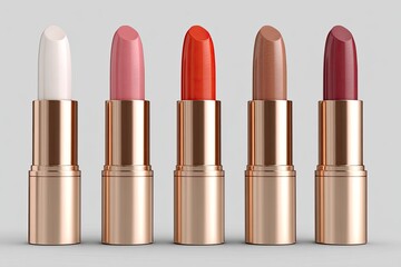 Fototapeta premium Five lipsticks in various shades, displayed in a row against a light gray background. Each lipstick has a rose gold colored casing
