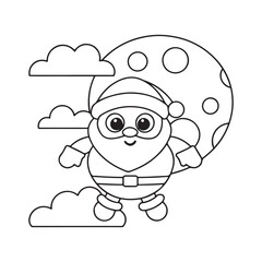 Fototapeta premium Cartoon Santa Claus flying in the sky with clouds and a large moon christmas