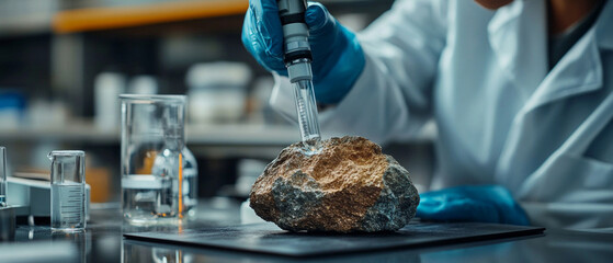 Scientific experiment: analysis of a rock sample in a laboratory — for materials on science, geology, and research.