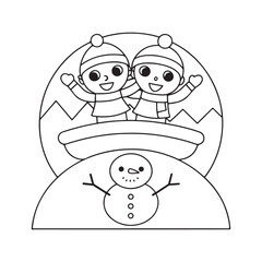 Cartoon children in winter hats and scarves inside a snow globe with a snowman below kids
