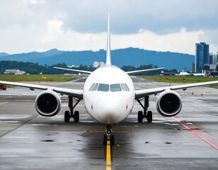 White jet on tarmac, cloudy day