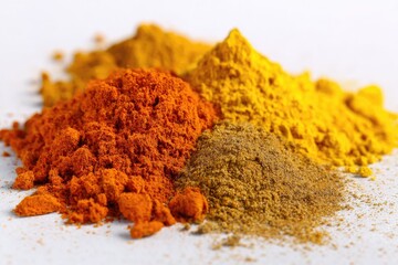 Close-up of piles of colorful spice powders
