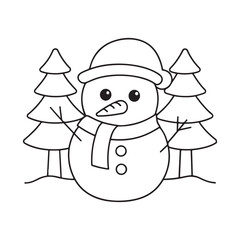 Cartoon Snowman with Carrot Nose and Trees Outline Drawing winter christmas