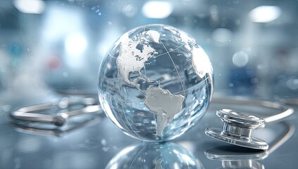 A transparent globe resting on a reflective surface, with a stethoscope subtly positioned near it.  A medical/healthcare theme