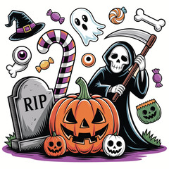 Spooky halloween elements including grim reaper candy corn pumpkin tombstone ghost and more