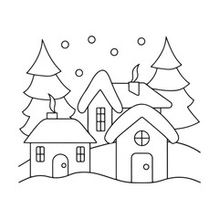 Simple Outline Drawing of a Snowy Village with Christmas Trees and Falling Snow winter