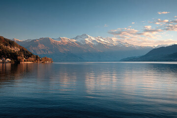 tranquil summer landscape featuring reflection of majestic mountains in calm lake at dawn
