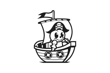 Cartoon Pirate Ship with Skull Flag on White Background in Black and White