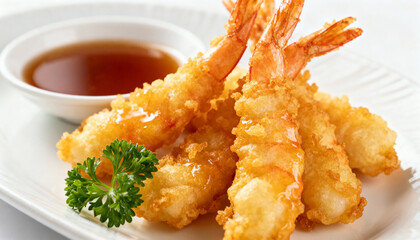 Golden Tempura Delight: Close-up studio shot reveals a plate of golden-brown tempura shrimp, artfully arranged alongside a small bowl of savory dipping sauce, a visual feast for the eyes.