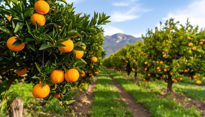 A Vibrant Orange Orchard, Fruit Trees, Nature's Bounty Under a Clear Sky