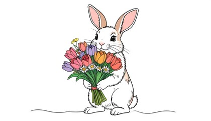 Cute bunny holding a bouquet of tulips