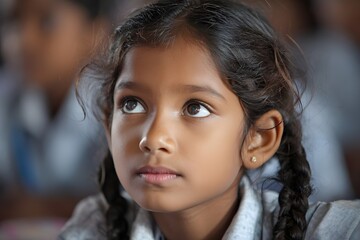 Obraz premium Faces of Indian students during a school meeting, showing a combination of concentration and curiosity, wearing neat uniforms, soft natural lighting