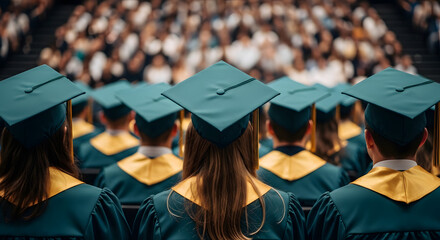 Graduating Class Diverse Students in Teal Graduation Gowns at Ceremony