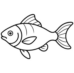 Black and white line art illustration of fish swimming in a pond