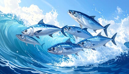 Vivid digital artwork of a school of fish leaping out of a cresting ocean wave against a bright, cloud-filled sky. The dynamic composition captures movement and the creatures' sleek, aquatic form
