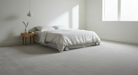 A tranquil minimalist bedroom featuring a neatly made bed on a plush grey carpet, bathed in soft natural light creating a serene and peaceful ambiance