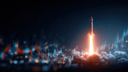 Rocket launch against a backdrop of financial data